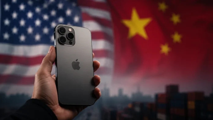 Een hand houdt een donkergrijze Apple iPhone vast tegen een achtergrond van de Amerikaanse en Chinese vlaggen bij een wazige haven met containers.