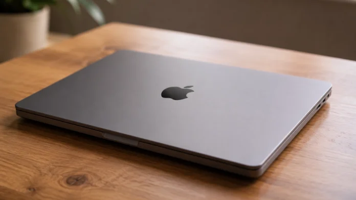 Een gesloten spacegrijze Apple M7 chip Mac rust op een glad houten tafeloppervlak in een modern en licht interieur.