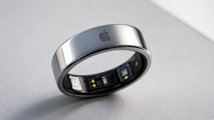 Een zilveren slimme ring met Apple-logo en sensoren toont het Apple Smart Ring gerucht.