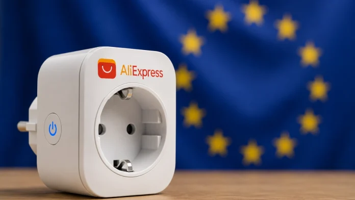 Een witte slimme stekker van AliExpress voor de vlag van de Europese Unie symboliseert de regels rondom goedkope smart home gadgets douane.
