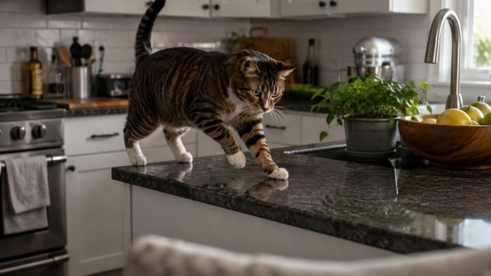 Een cyperse kat met bruine en zwarte strepen en witte pootjes loopt over een donkergranieten aanrechtblad in een lichte keuken, vastgelegd als een Google Home Pet Memory.