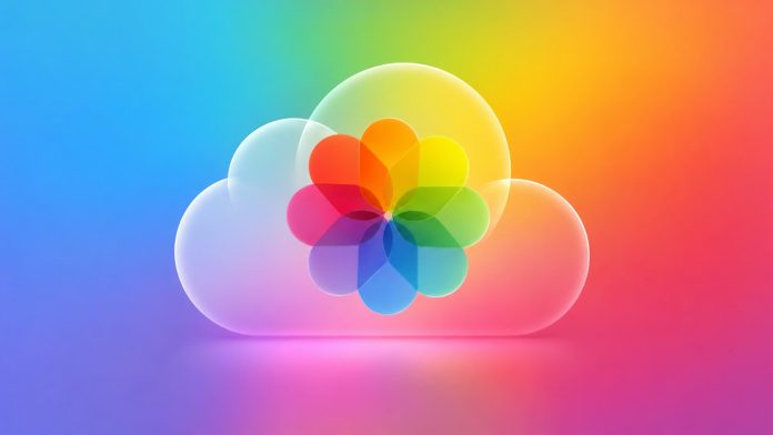 Een glazen 3D-cloud met het kleurrijke Apple Photos-icoon in het midden, passend bij het nieuws dat iCloud Gedeelde Albums nu ook voor Android & Windows beschikbaar zijn, tegen een levendige regenboogachtergrond.