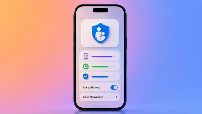 Een smartphone die de interface voor iOS 27 ouderlijk toezicht toont, met opties voor tijdslimieten en veilig browsen tegen een kleurrijke oranje en blauwe achtergrond.