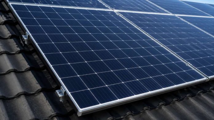 Close-up van blauwe zonnepanelen op een zwart pannendak, een essentieel onderdeel van energiemanagement om netcongestie zonnepanelen te voorkomen.