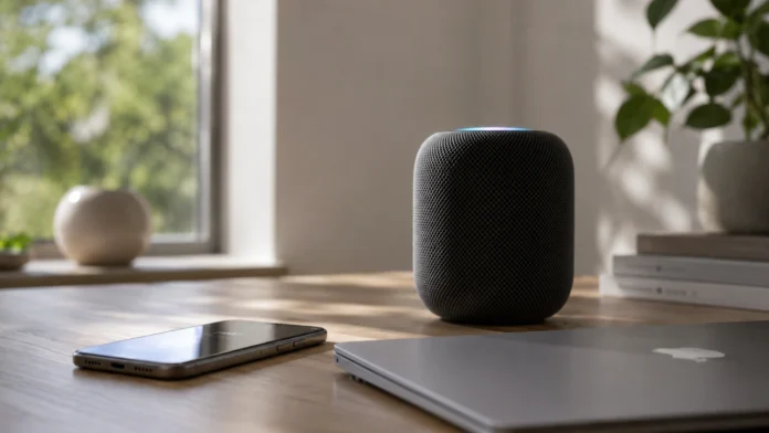 Een slimme luidspreker met geïntegreerde ai staat op een houten tafel naast een smartphone en een laptop in een lichte, moderne kamer.