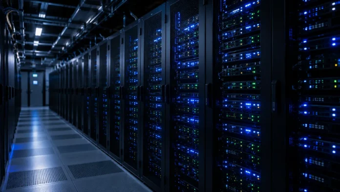Een modern datacenter met lange rijen verlichte serverracks dat de context van de Hetzner server prijsstijging smarthome weergeeft.