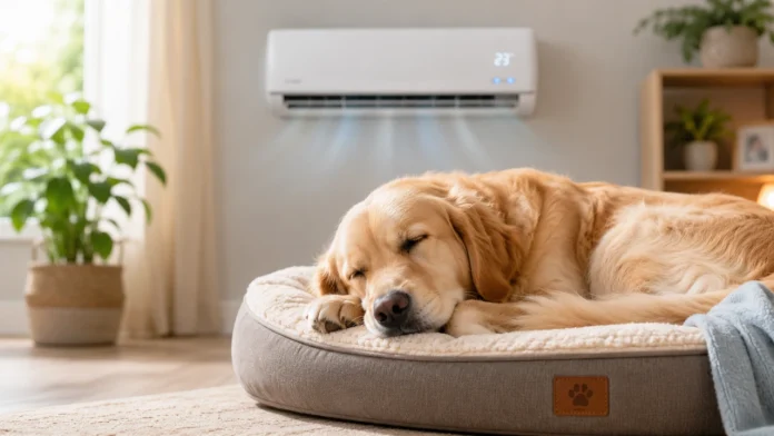 Een Golden Retriever slaapt comfortabel in zijn mand onder een werkende airconditioner als oplossing voor je huisdier koel houden hittegolf.