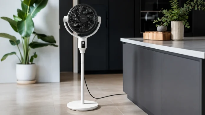 Een stijlvolle witte ventilator slaapkamer met een zwart rooster en digitaal display staat in een modern interieur naast een grote kamerplant.