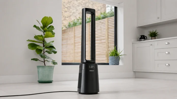 Een moderne zwarte bladloze ventilator slaapkamer met digitaal display staat in een licht interieur naast groene planten voor een optimale verkoeling.