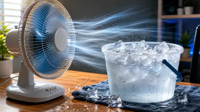 Een witte tafelventilator blaast een verfrissende stroom koude lucht over een emmer gevuld met ijsblokjes in deze opstelling van een ventilator met ijs.