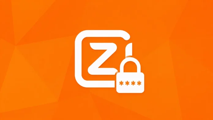 Een wit Z-logo met een hangslot en wachtwoordtekens op een oranje geometrische achtergrond illustreert de beveiliging van Ziggo wachtwoorden smart home.