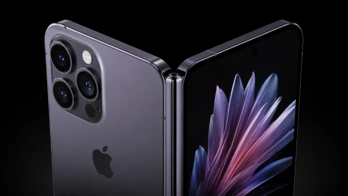 Een conceptuele opvouwbare Apple iPhone met een drievoudig camerasysteem en een levendig paars bloemenpatroon op het binnenscherm.