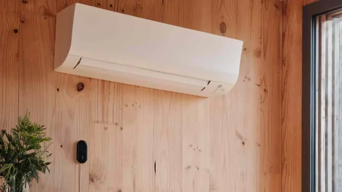 Een moderne witte airconditioner gemonteerd op een houten wand met een compacte zwarte controller voor slimme aircobediening.