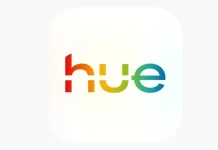 Een minimalistisch HUE logo met een kleurrijk regenboogverloop op een witte achtergrond.