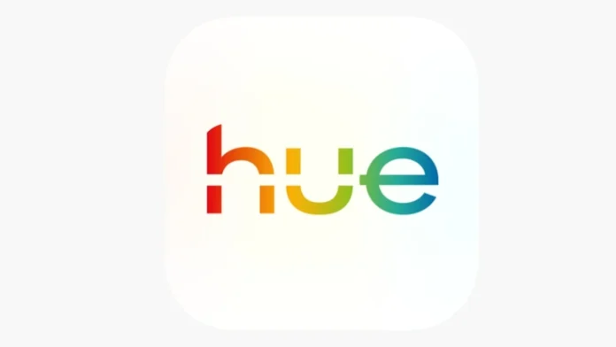 Een minimalistisch HUE logo met een kleurrijk regenboogverloop op een witte achtergrond.