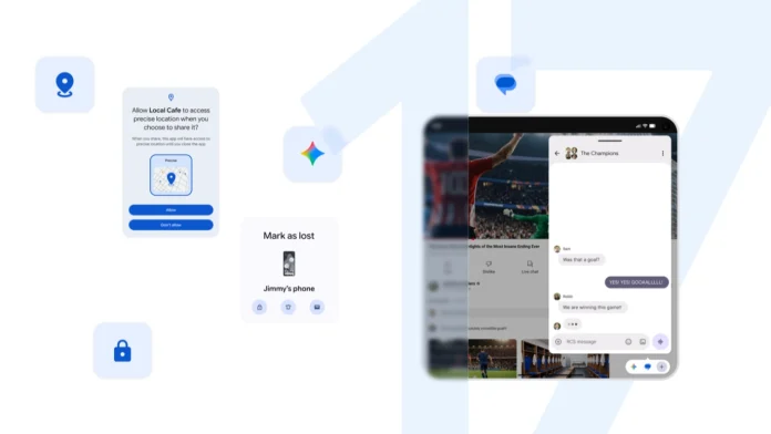 Diverse interface-elementen van google tonen instellingen voor locatieprivacy, apparaatbeveiliging en een rcs-chatvenster.