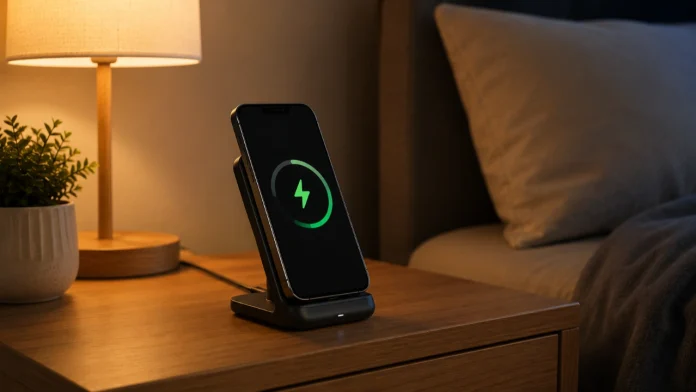 Een zwarte smartphone op een houten nachtkastje maakt gebruik van Qi 50W draadloos opladen in een sfeervol verlichte slaapkamer.