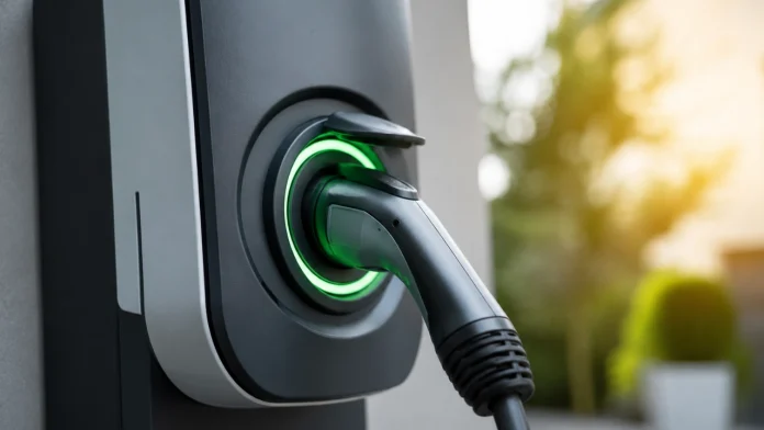 Een close-up van een moderne elektrische laadpaal met een groen verlichte ring die de slimme aansturing laadpaal thuisaccu voor optimaal energieverbruik weergeeft.