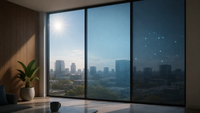 Een modern interieur met grote ramen die laten zien hoe slimme ramen TNO hitte effectief buiten houden door automatisch van transparant naar donker te verkleuren.