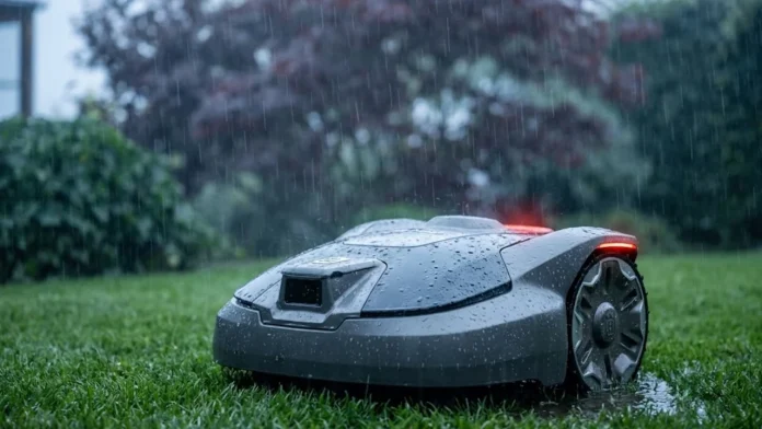 Een robotmaaier op een nat gazon tijdens een regenbui als voorbeeld van hoe sensoren in een smart home stormschade voorkomen.