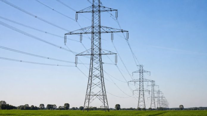 Hoogspanningsmasten in een groen landschap onder een blauwe lucht voor stroomtekort 2028.