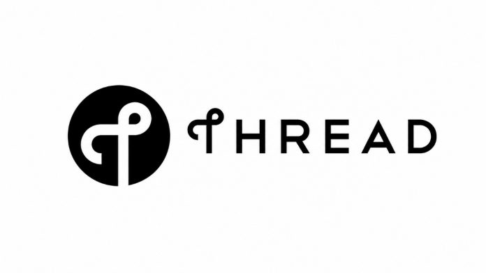 Een strak zwart-wit logo van Thread, met een cirkelvormig icoon en de tekst 'THREAD', ter illustratie van de Thread 1.4 update.