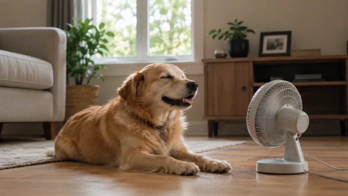 Een goudkleurige retriever geniet van de koele luchtstroom van een ventilator huisdier hond in een sfeervol ingerichte woonkamer.