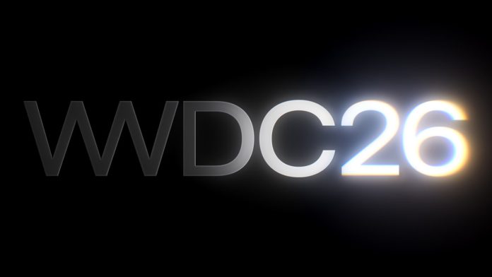 De tekst 'WWDC26' op een zwarte achtergrond voor WWDC 2026, met helderwitte cijfers die een chromatische gloed uitstralen.