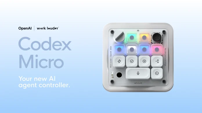 De Codex Micro van OpenAI en Work Louder is een compacte witte controller met kleurrijk verlichte knoppen voor het aansturen van een ai-agent.