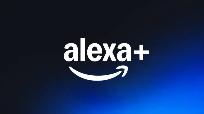 Het witte alexa+ logo met de kenmerkende Amazon-glimlach op een blauwe achtergrond ter illustratie van de Amazon Alexa+ kosten.