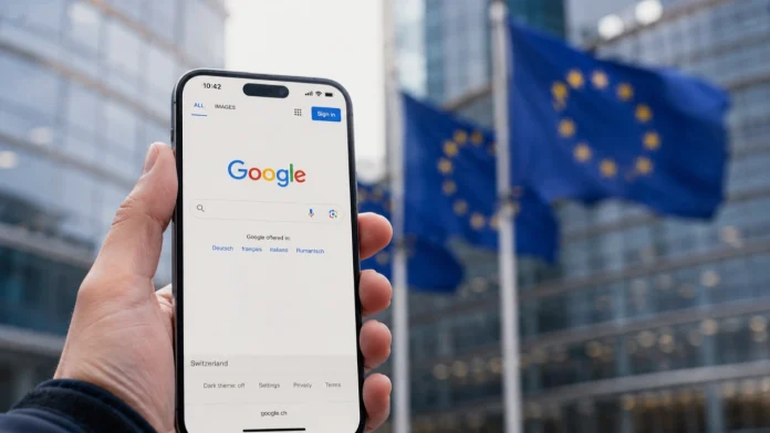 Een smartphone met de Google-zoekpagina wordt voor de vlaggen van de Europese Unie vastgehouden om te illustreren dat Android open voor AI is.