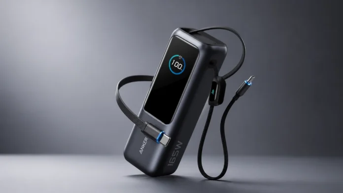 Een slanke metallic grijze Anker Powerbank met een digitaal display dat 100% lading aangeeft en een geïntegreerde USB-C-kabel tegen een stijlvolle donkere achtergrond.