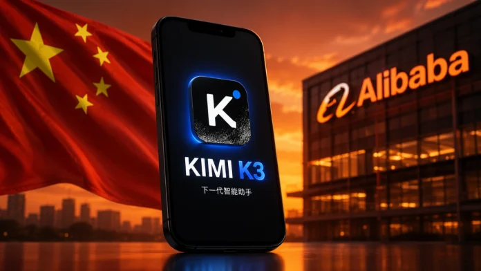 Smartphone met de Kimi K3-app voor het Alibaba-gebouw en de Chinese vlag als voorbeeld van Chinese AI modellen.