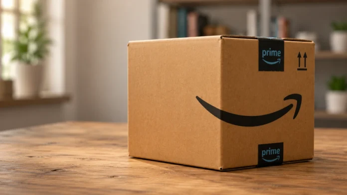 Een kartonnen Amazon Prime pakket op een houten tafel helpt consumenten bij het online echte smart home deals herkennen.