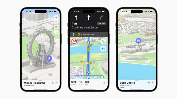 Drie iPhones tonen gedetailleerde 3D-kaarten en navigatie-instructies van de Ford Apple Maps integratie voor een optimale reiservaring.