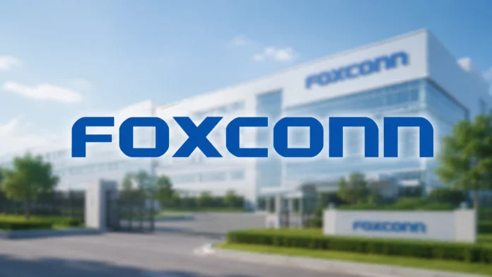 Het blauwe Foxconn-logo voor een modern kantoorpand in het daglicht benadrukt de ambities voor de Foxconn omzet AI 2026.