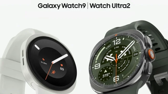 Een close-up van een witte smartwatch naast de robuuste groene Galaxy Watch Ultra 2.