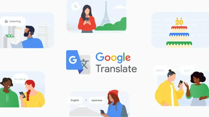 Verschillende kleurrijke illustraties tonen mensen die wereldwijd communiceren met behulp van Google Translate in diverse alledaagse situaties.
