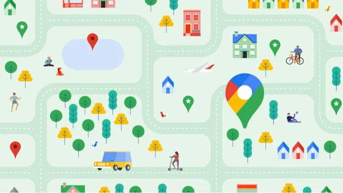 Een kleurrijke en speelse illustratie van een plattegrond met diverse pictogrammen en een opvallende Google Maps-locatiepin in het midden.