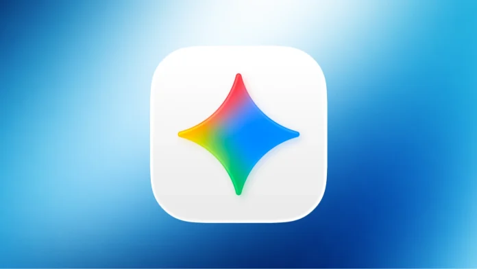 Het Google Gemini macOS update pictogram toont een kleurrijke vierpuntige ster op een wit afgerond vlak tegen een blauwe achtergrond.