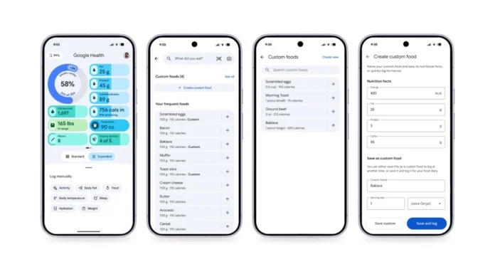 Vier smartphoneschermen tonen gedetailleerde dashboards en menu's voor het bijhouden van voeding en fitness binnen de nieuwe Google Health update.