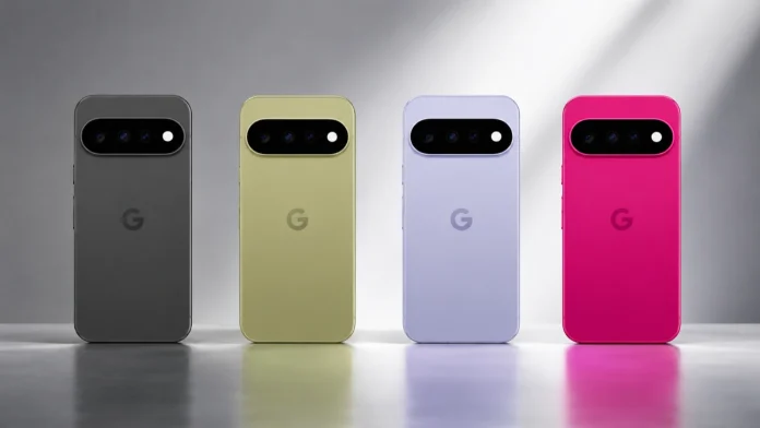 Vier smartphones in de nieuwe Google Pixel 11 kleuren donkergrijs, olijfgroen, lila en felroze staan naast elkaar tegen een lichte achtergrond.