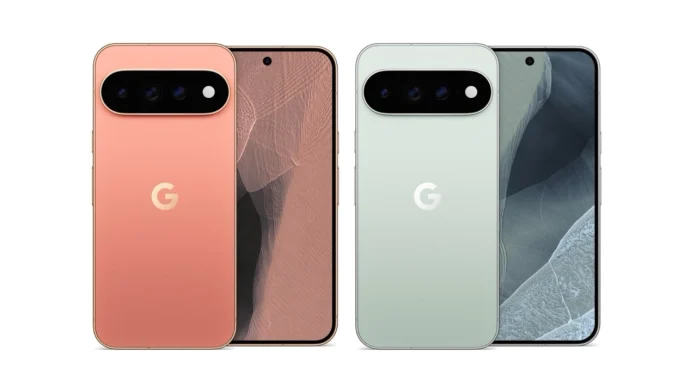 Twee smartphones tonen de voor- en achterkant in verschillende moderne Google Pixel 11 kleuren, waaronder een opvallende koraaltint en een verfijnde lichtgroene variant.