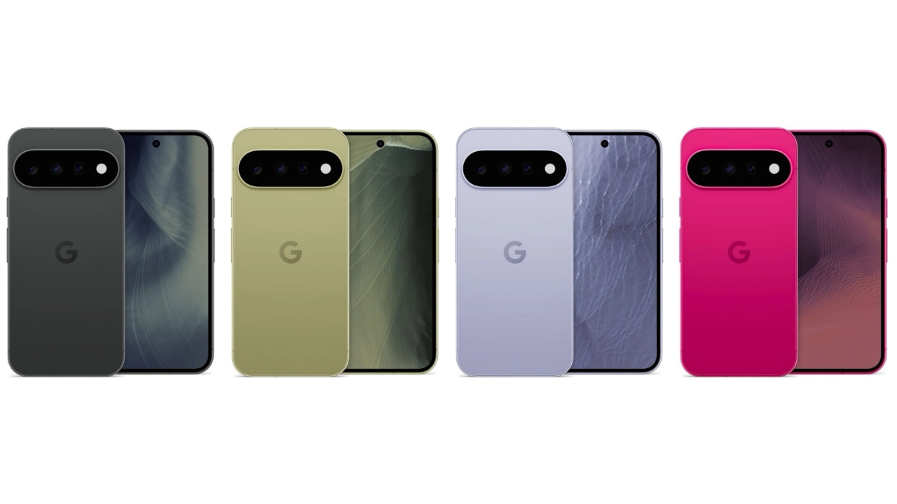 Een overzicht van vier smartphones in de diverse Google Pixel 11 kleuren, variërend van donkergrijs en olijfgroen tot lila en felroze.