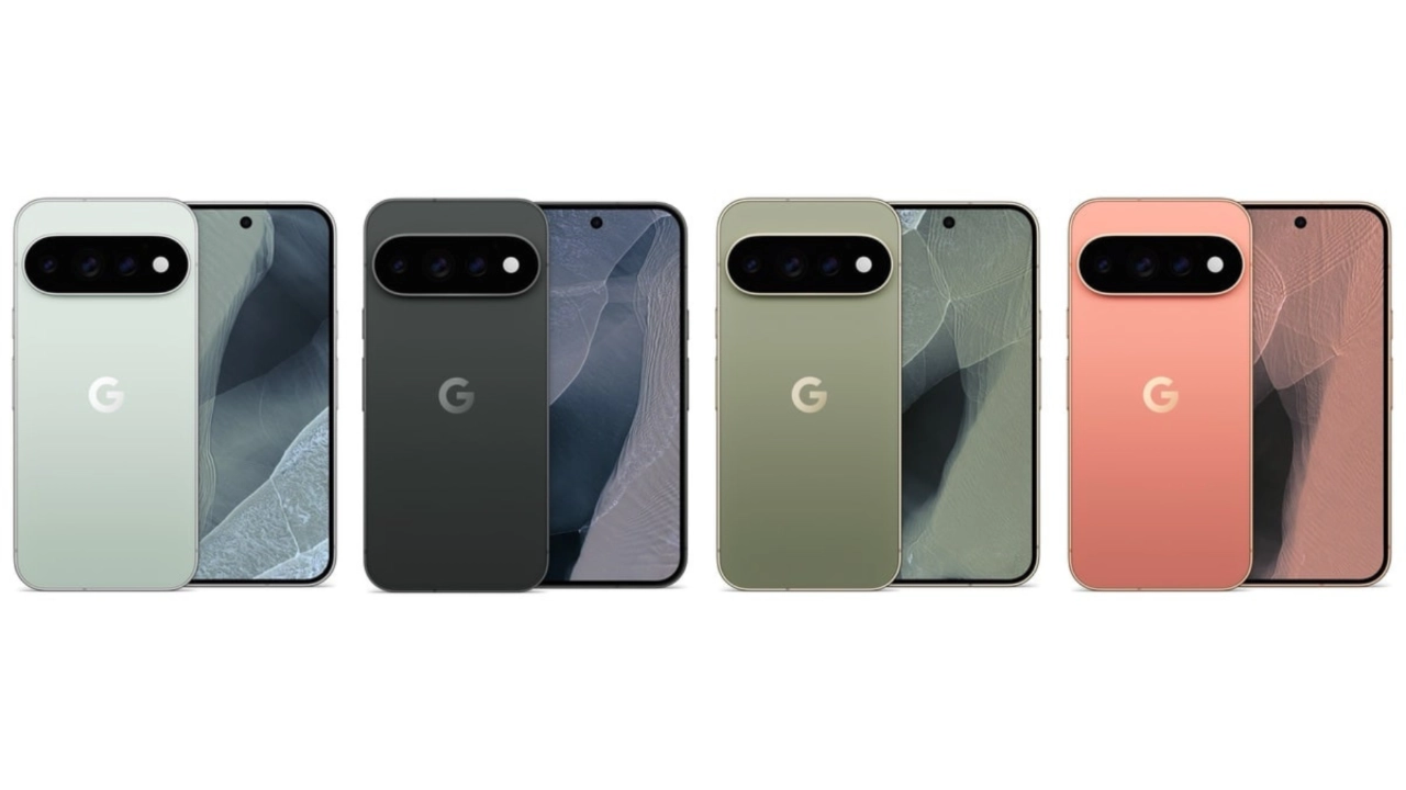 Een overzicht van vier smartphones in diverse Google Pixel 11 kleuren, waaronder lichtgroen, zwart, olijfgroen en koraalroze, getoond van zowel de voor- als achterkant.