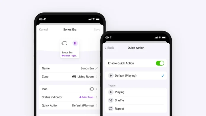 Een weergave van de Homey app op twee smartphones met de instellingen en snelle acties voor de bediening van een Sonos Era speaker.