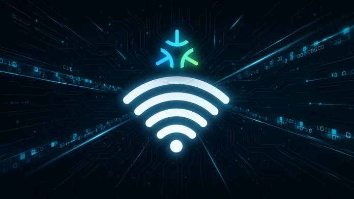 Een gloeiend wit wifi-symbool op een donkerblauwe digitale achtergrond met binaire codes en lichtstralen die een snelle verbinding met het internet symboliseren.