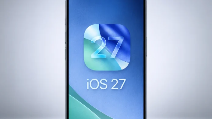 Een close-up van een smartphone-scherm met het ios 27 logo en een transparant glazen icoon op een blauwe achtergrond.