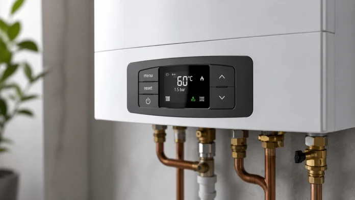 Moderne witte multifuel ketel waterstof met een digitaal display waarop de temperatuur en waterdruk worden weergegeven boven koperen leidingen.