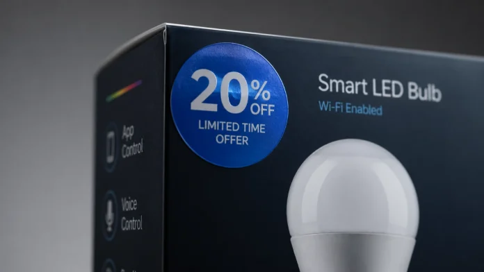 Close-up van een verpakking voor een smart led-lamp met een blauwe sticker van 20 procent korting waarbij nepkortingen ontmaskerd worden.